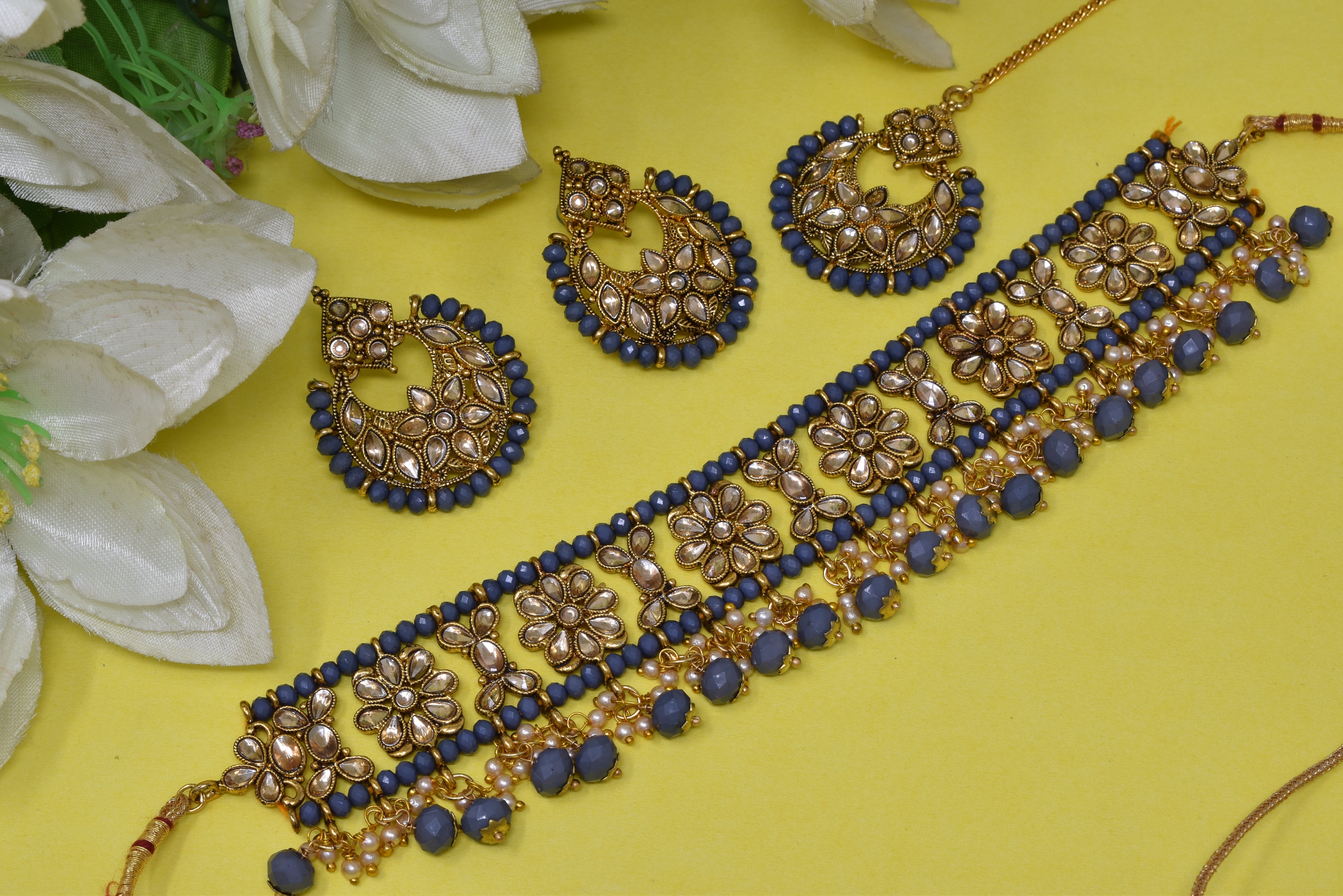 Alloy gold plated Jadau  kundan with Grey pearl necklace choker set for women n girls