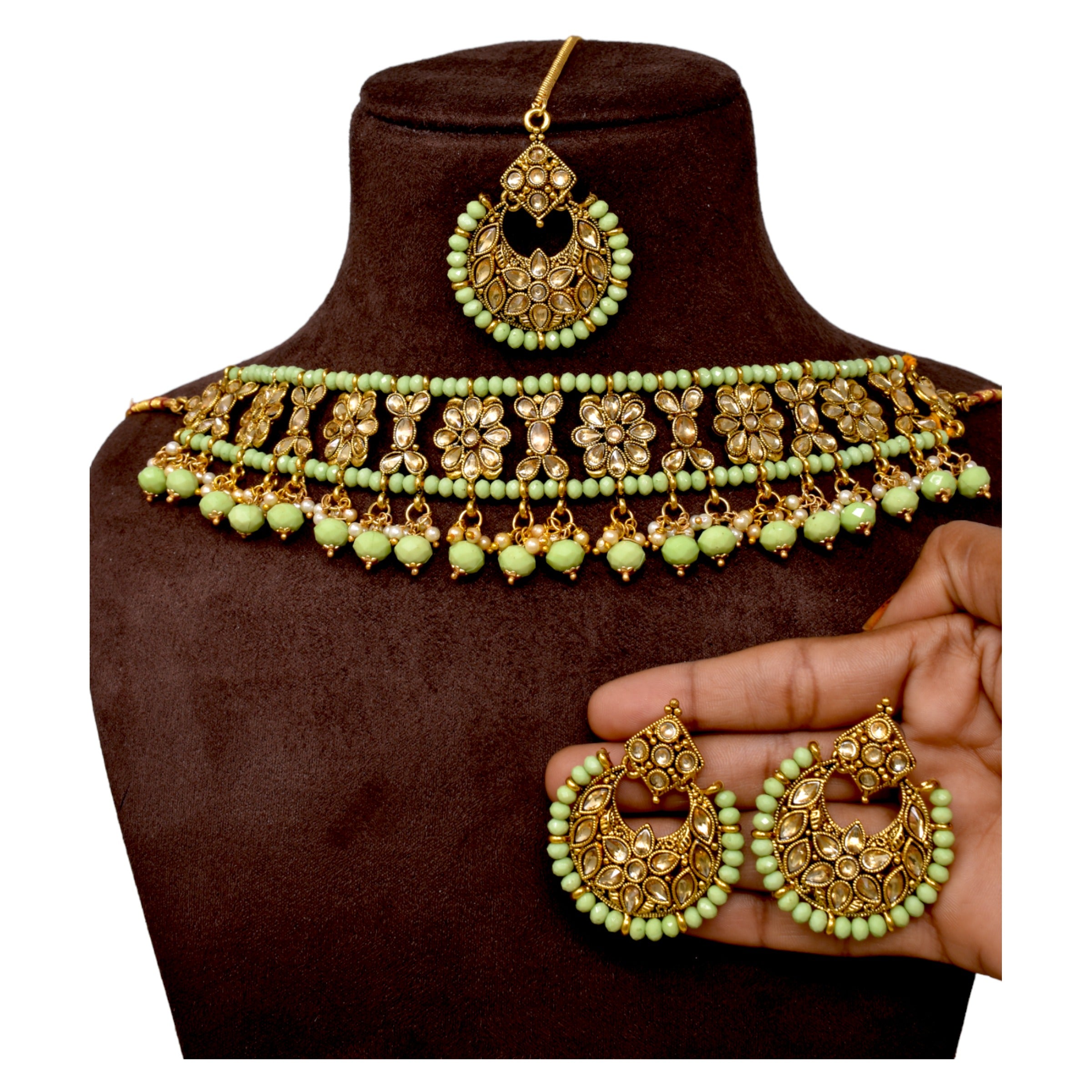 Alloy gold plated Jadau  kundan with Green pearl necklace choker set for women n girls