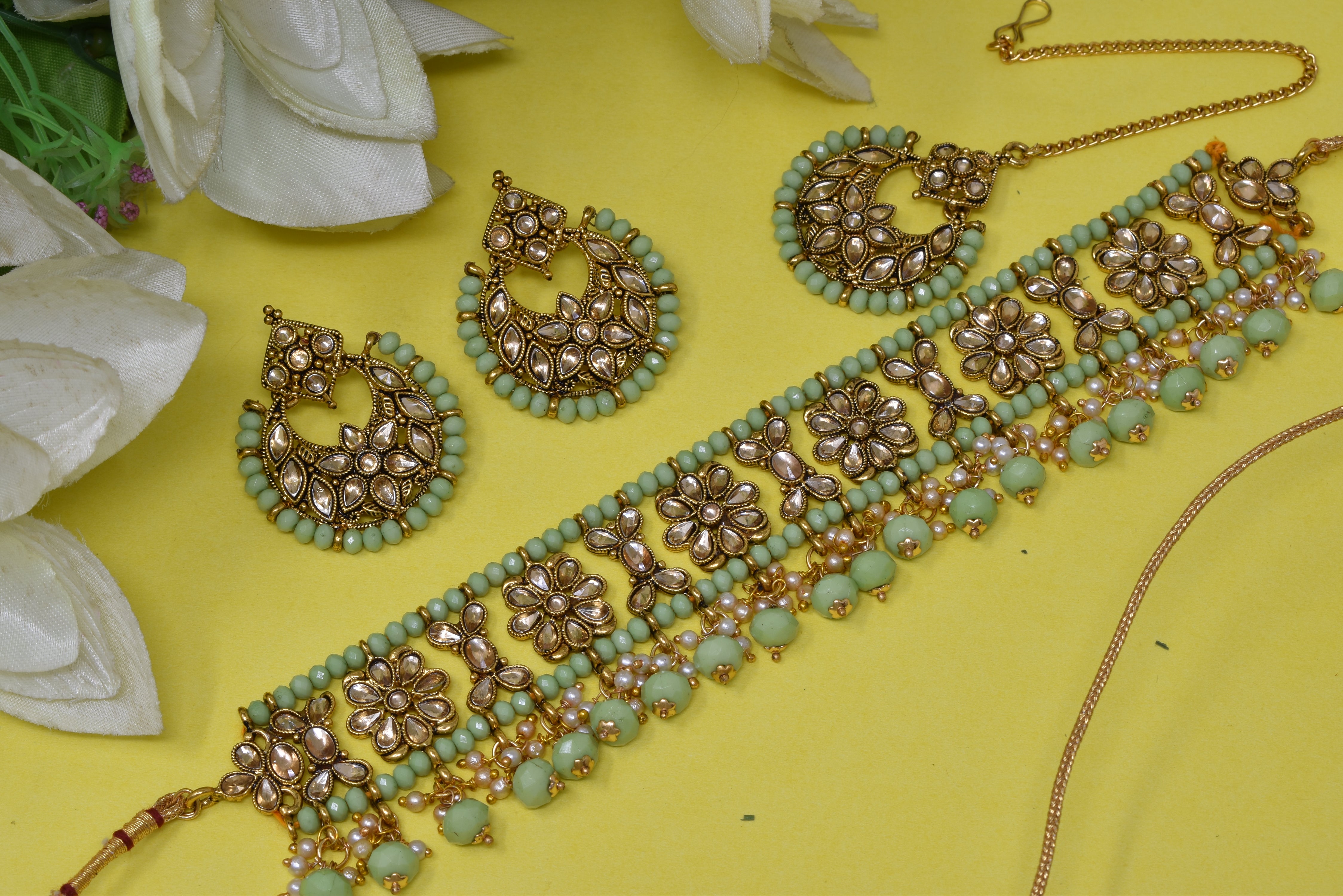 Alloy gold plated Jadau  kundan with Green pearl necklace choker set for women n girls