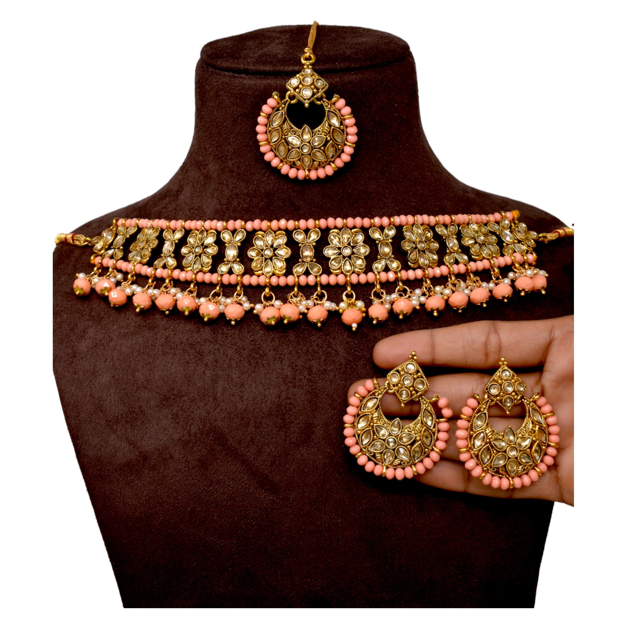 Alloy gold plated Jadau  kundan with Peach pearl necklace choker set for women n girls