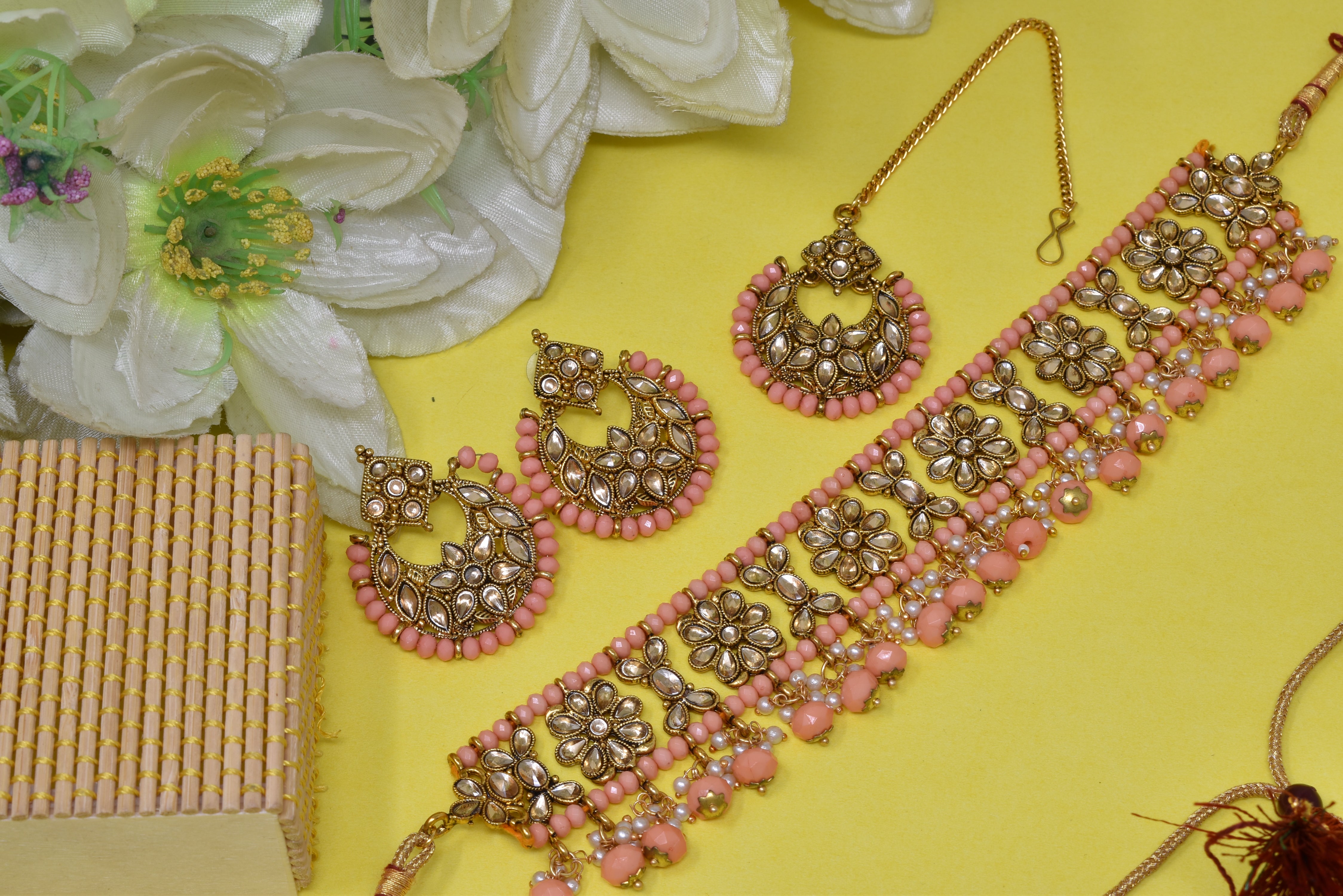 Alloy gold plated Jadau  kundan with Peach pearl necklace choker set for women n girls