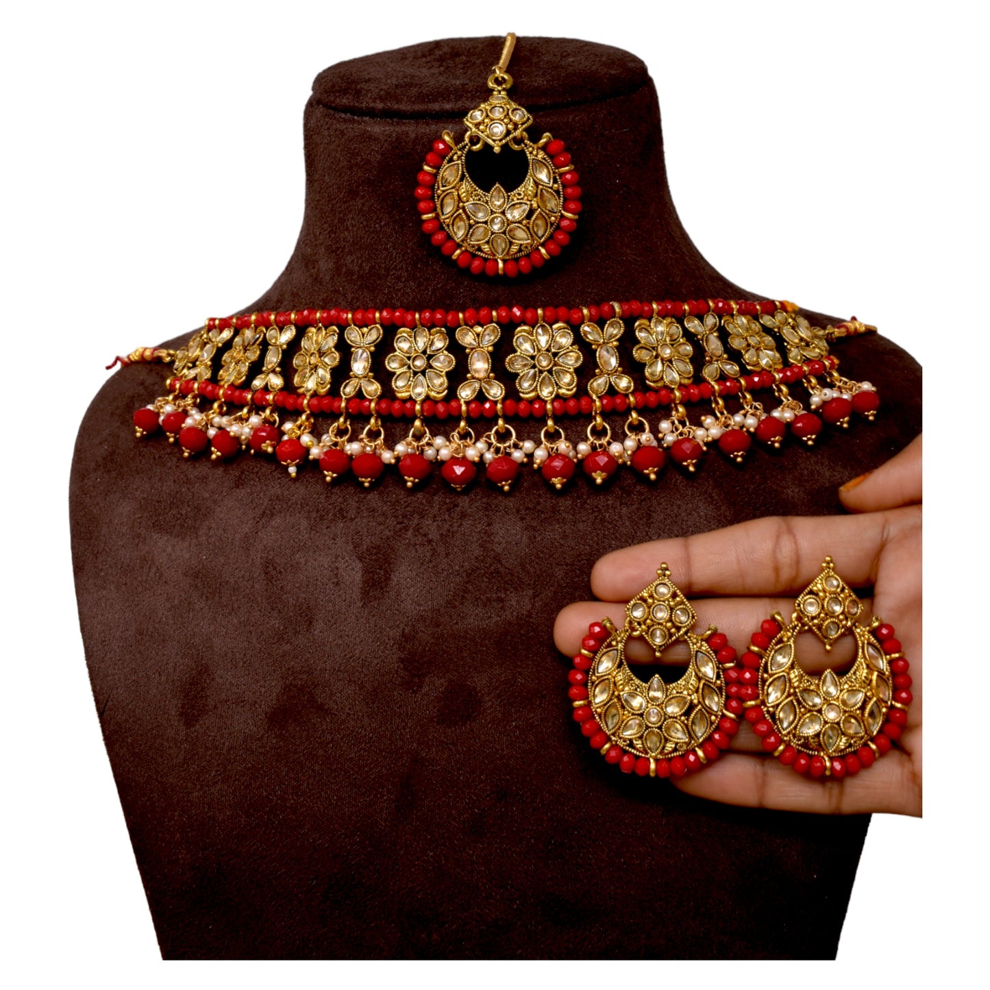 Alloy gold plated Jadau  kundan with Red pearl necklace choker set for women n girls