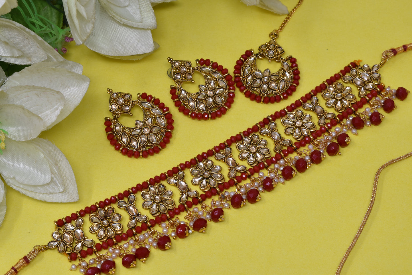 Alloy gold plated Jadau  kundan with Red pearl necklace choker set for women n girls