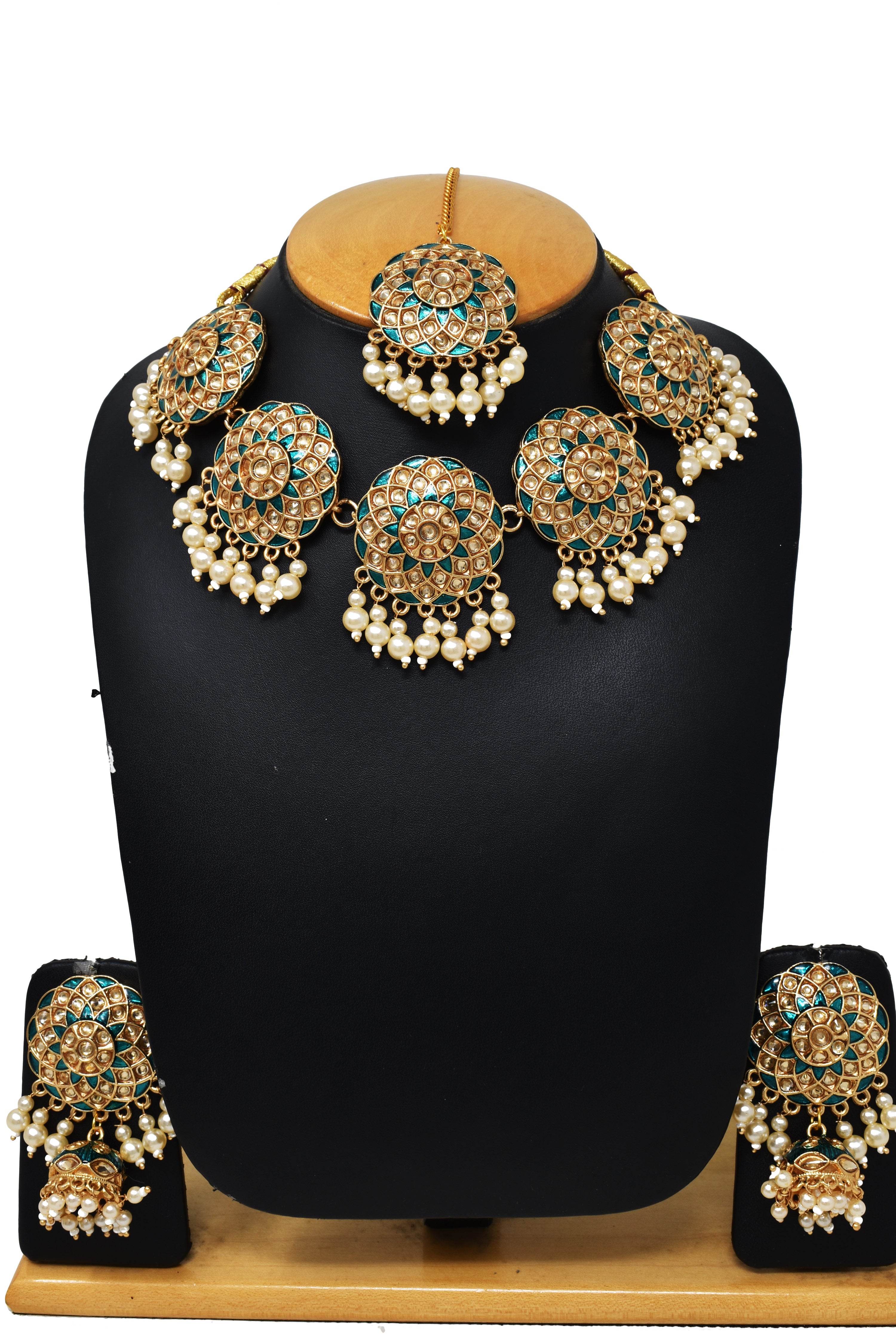 Alloy gold plated green Meenakari with kundan n pearl necklace choker set for women n girls