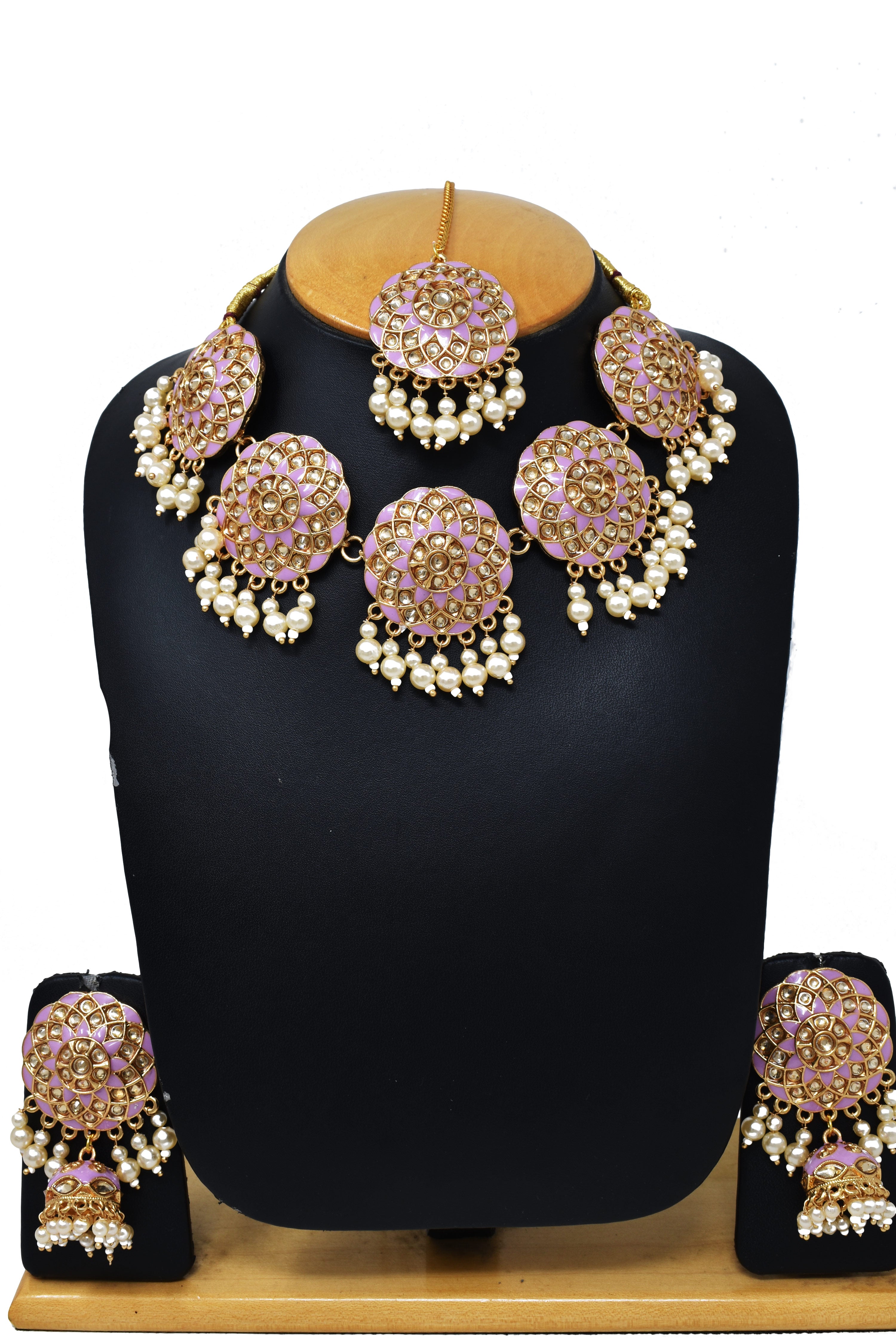 Alloy gold plated Pink Meenakari with kundan n pearl necklace choker set for women n girls