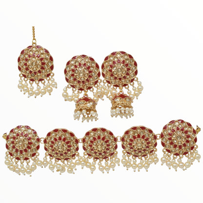 Alloy gold plated Red Meenakari with kundan n pearl necklace choker set for women n girls