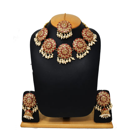 Alloy gold plated Red Meenakari with kundan n pearl necklace choker set for women n girls