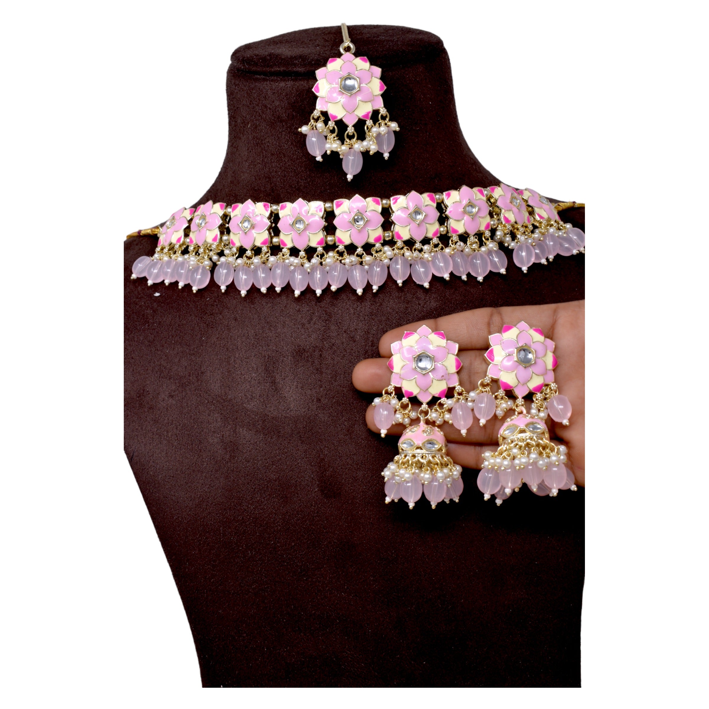 Alloy Pink Meenakari enameled with flower design  pearl necklace choker set for women n girls