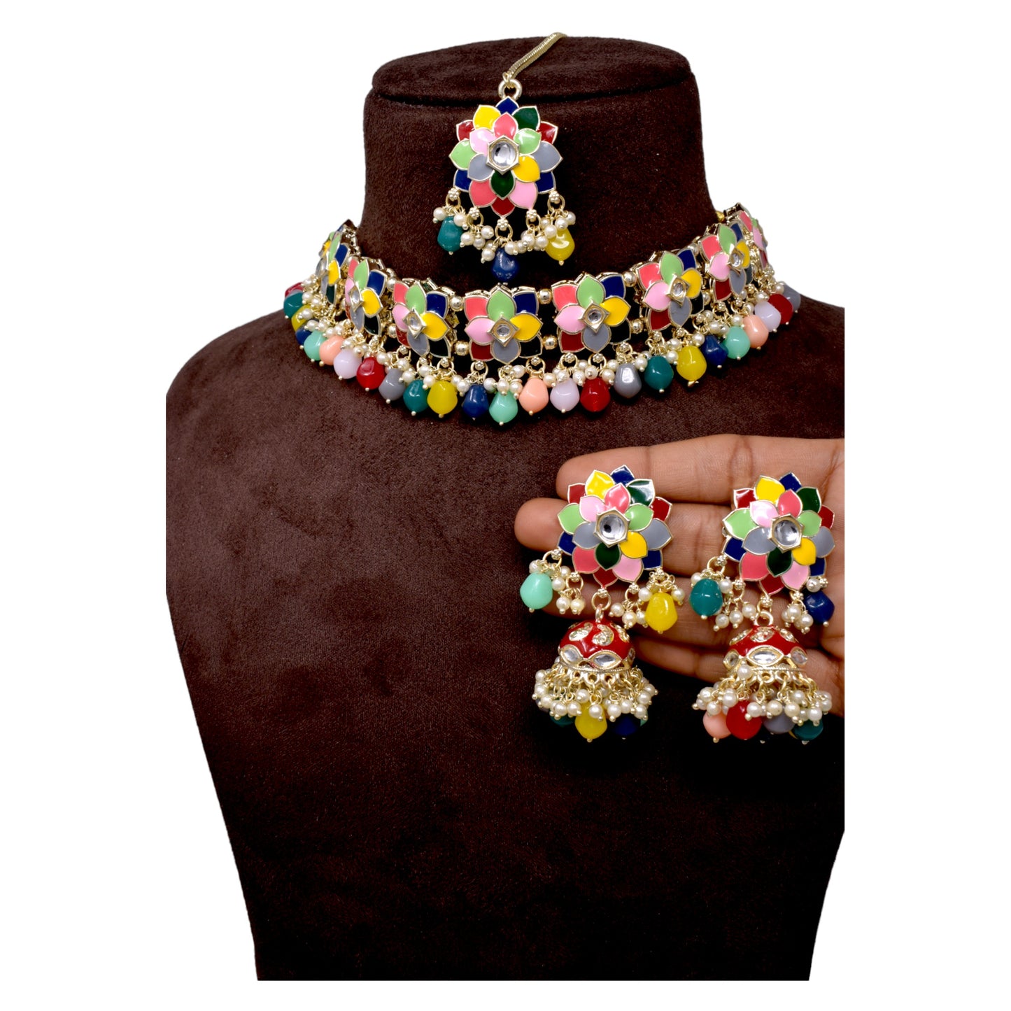 Alloy Multy colored Meenakari enameled with flower design  pearl necklace choker set for women n girls