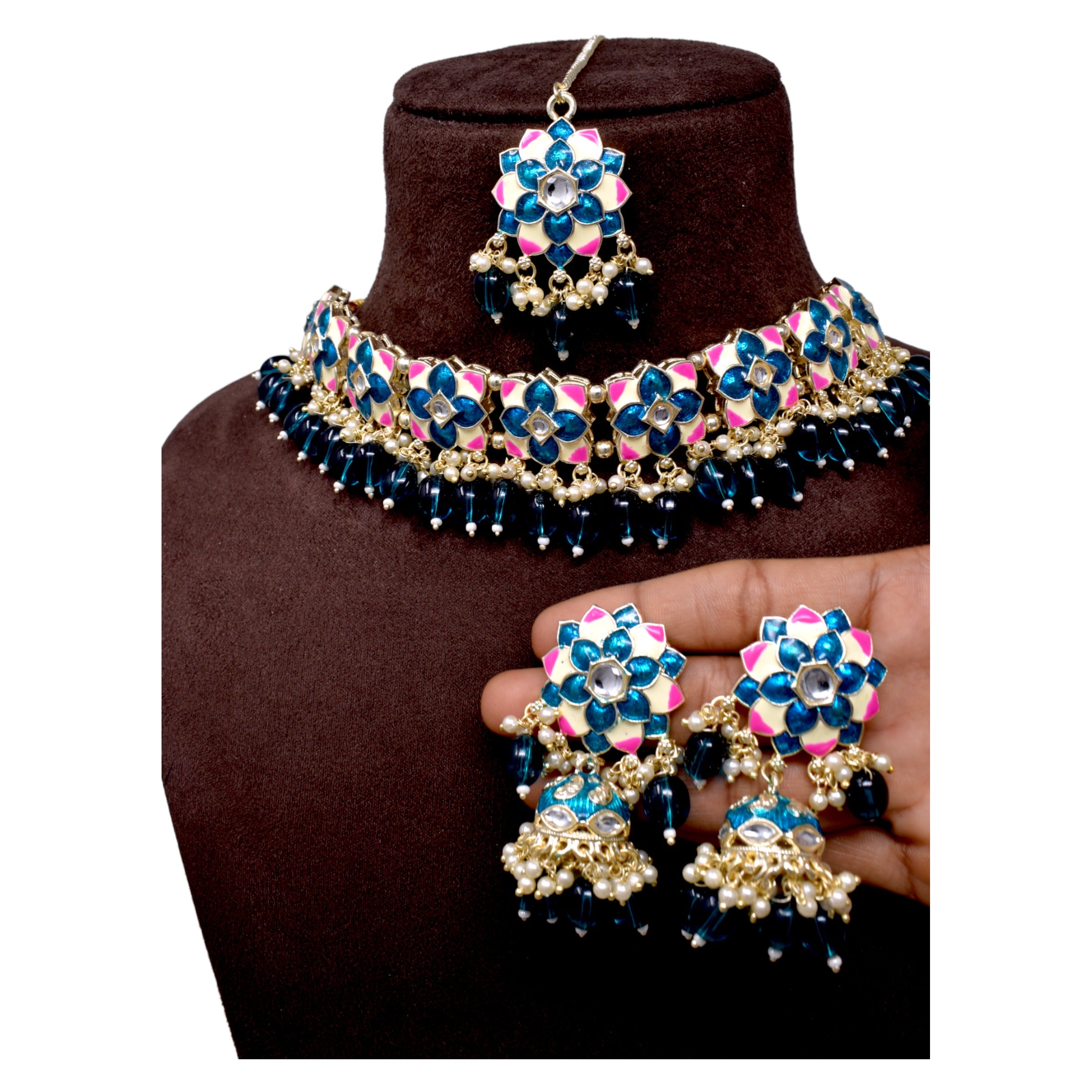 Alloy Morphankh color Meenakari enameled with flower design  pearl necklace choker set for women n girls