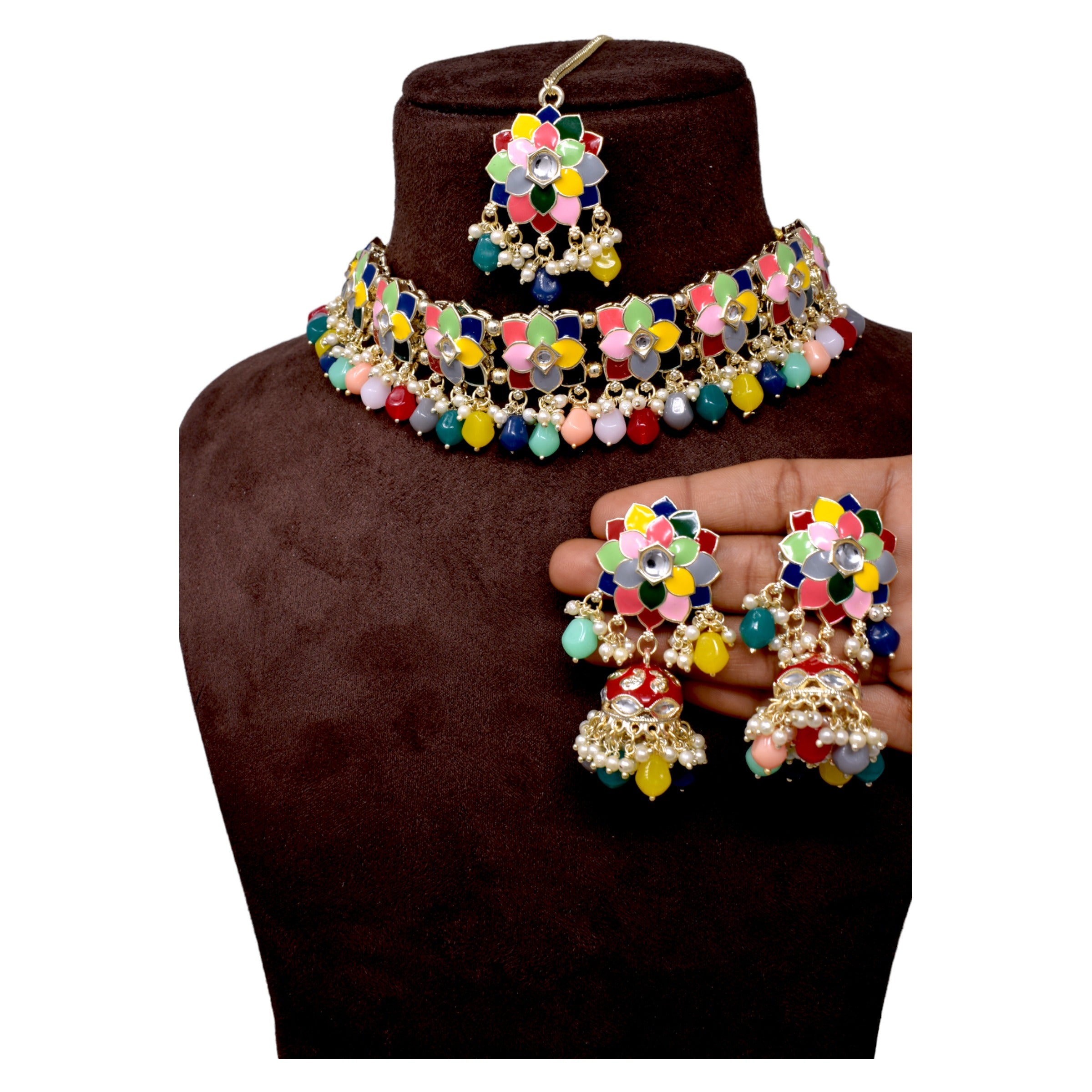 Alloy Multycolored color Meenakari enameled with flower design  pearl necklace choker set for women n girls
