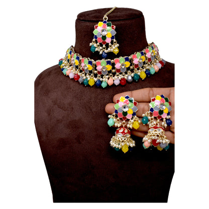 Alloy Multycolored color Meenakari enameled with flower design  pearl necklace choker set for women n girls