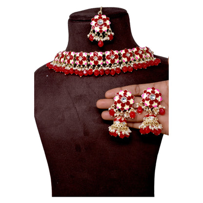 Alloy gold plated Red Meenakari with kundan n pearl necklace choker set for women n girls