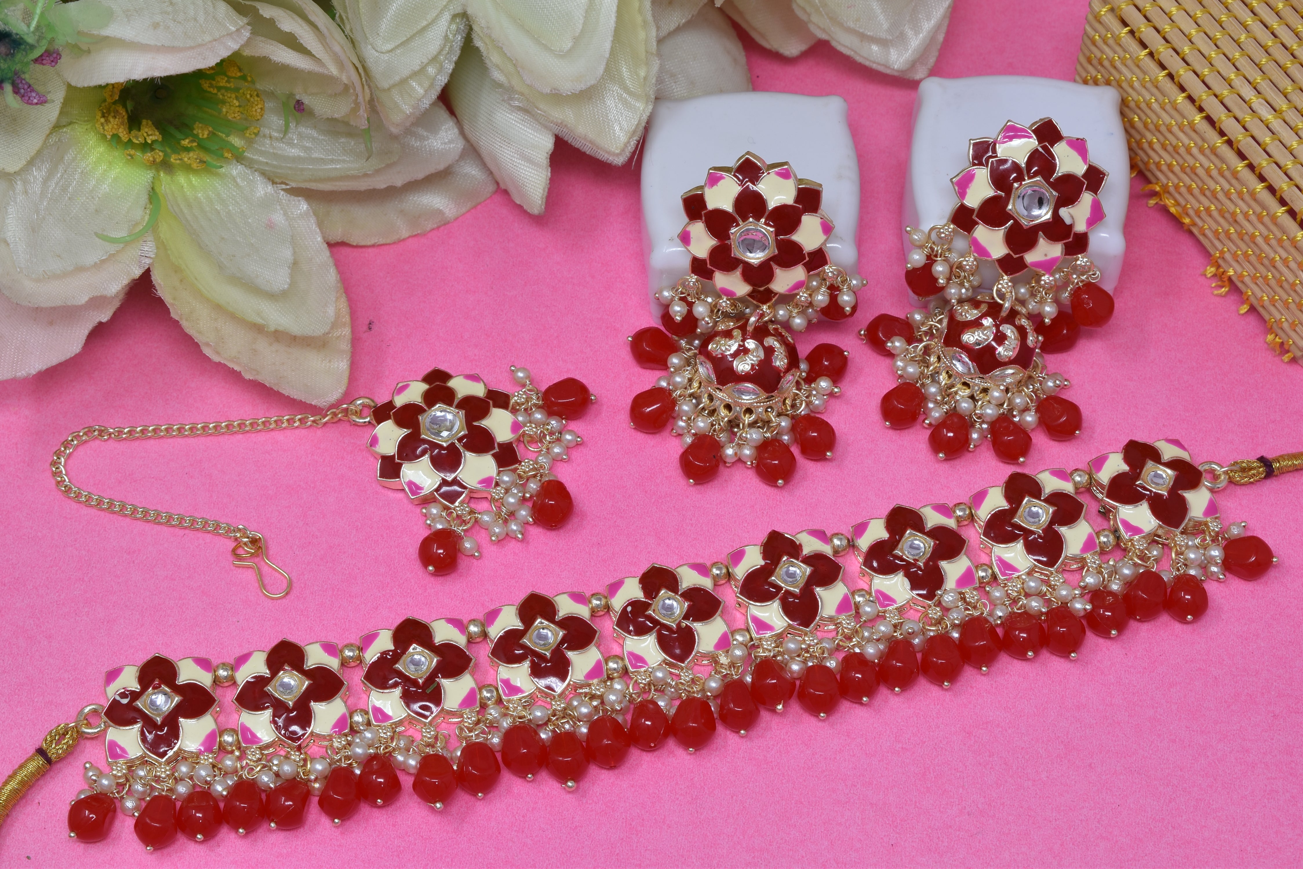 Alloy gold plated Red Meenakari with kundan n pearl necklace choker set for women n girls