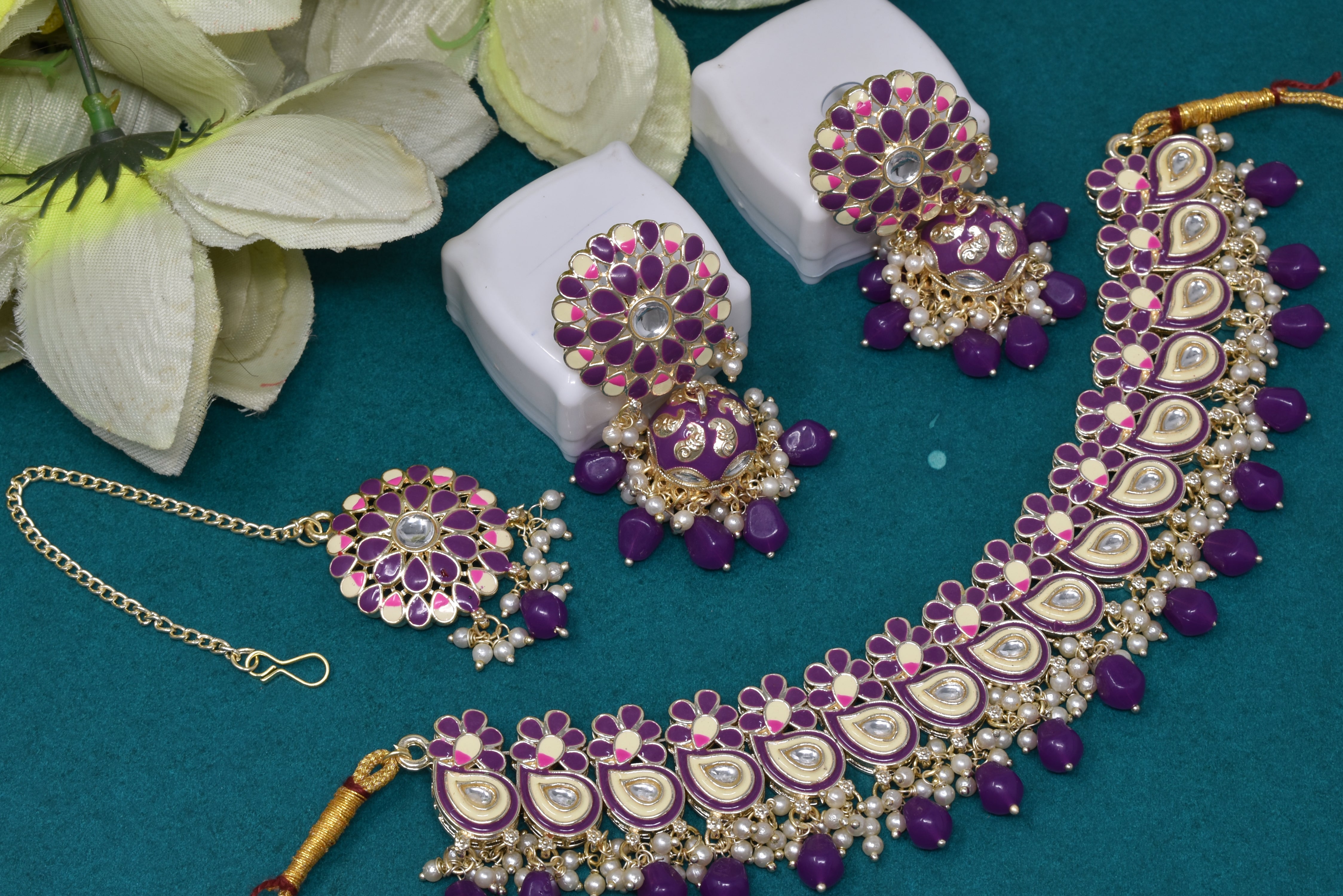 Alloy gold plated Purple  Meenakari with kundan n pearl flower  necklace choker set for women n girls