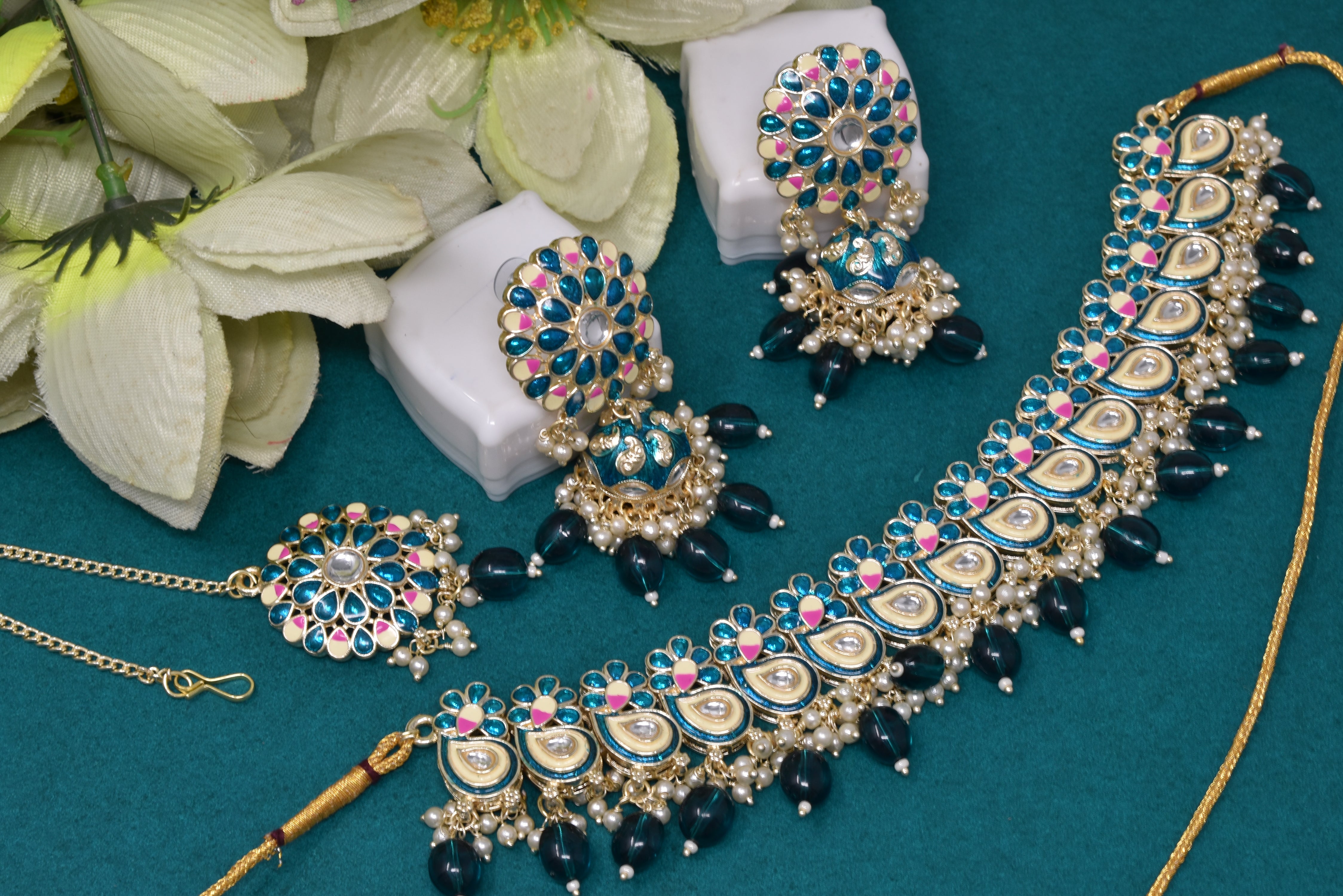 Alloy gold plated Turkoise  Meenakari with kundan n pearl flower  necklace choker set for women n girls