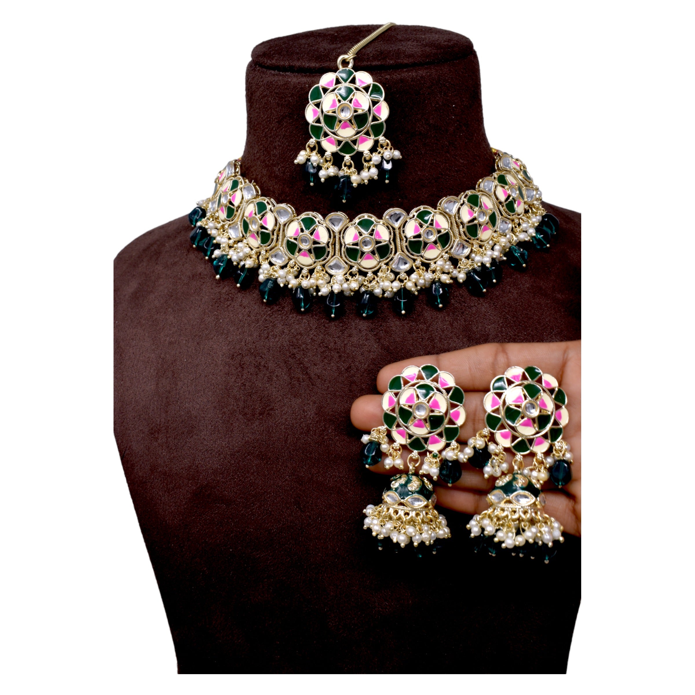 Alloy green color Meenakari enameled with flower design  pearl necklace choker set for women n girls