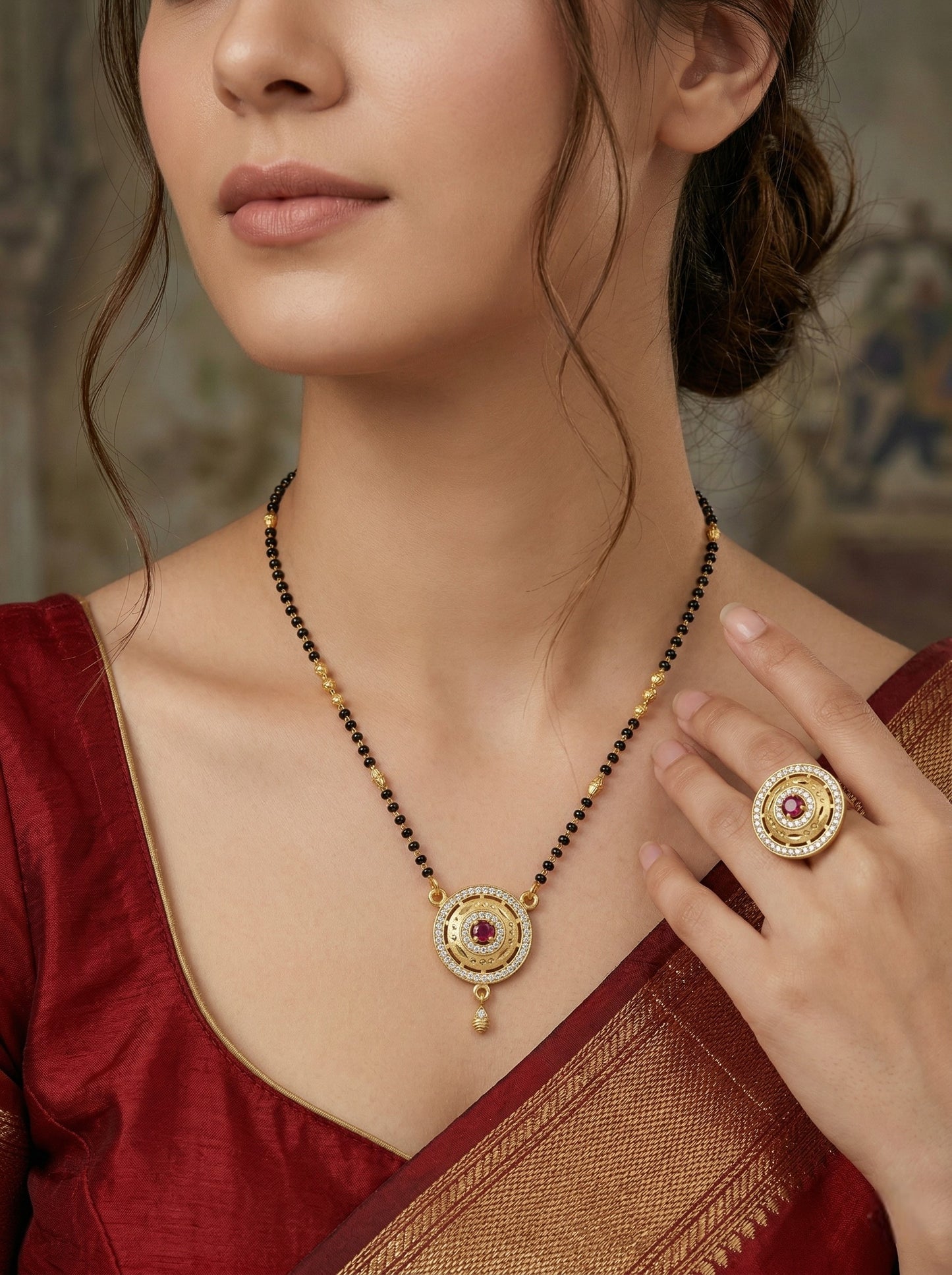Meira Jewellery Gold Plated Mangalsutra and Ring Combo Set for Women, Black Bead Chain with Stone Studded Pendant & Matching Ring, Traditional Jewellery with Modern Touch for Wedding, Festivals-01