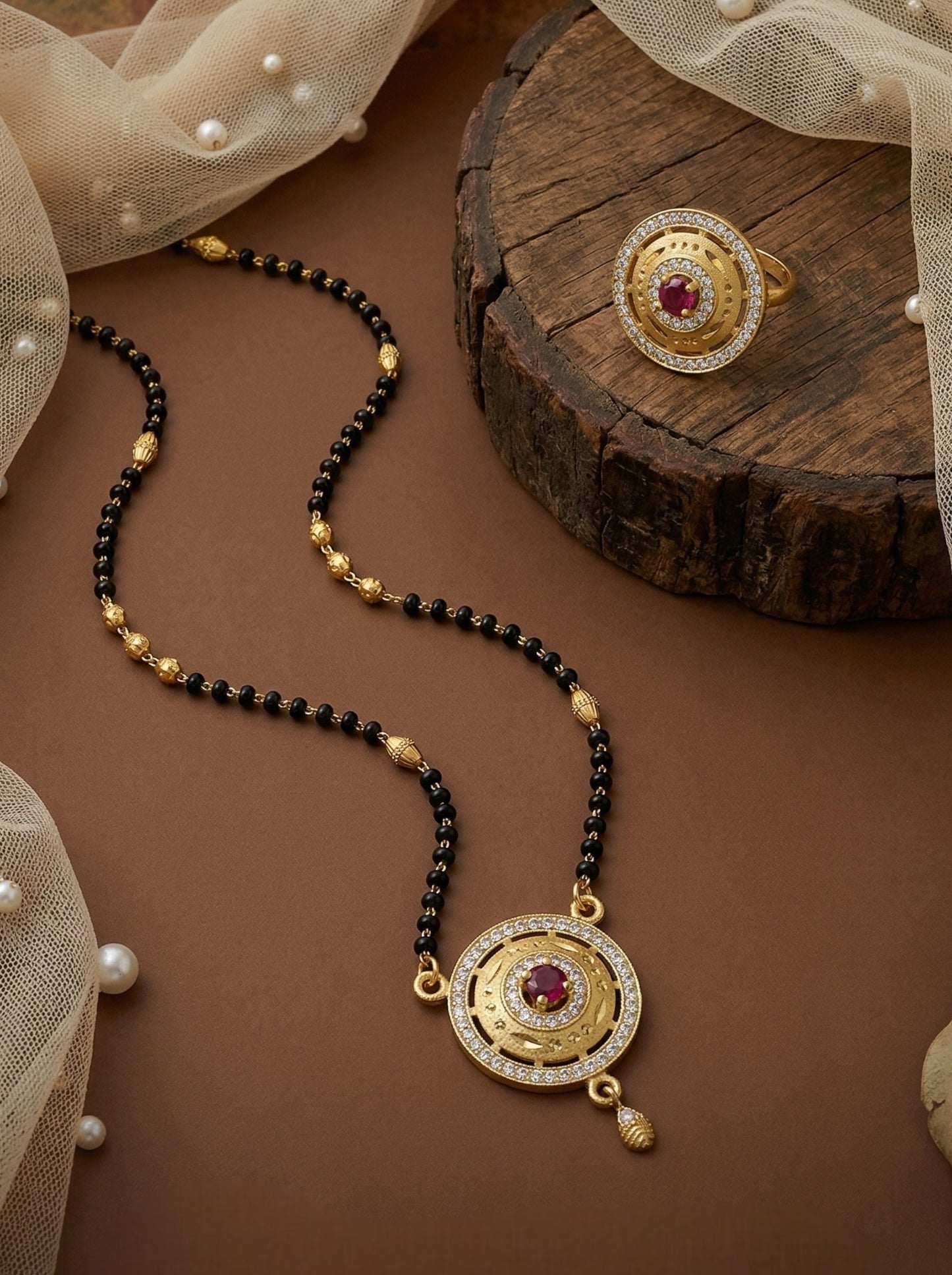 Meira Jewellery Gold Plated Mangalsutra and Ring Combo Set for Women, Black Bead Chain with Stone Studded Pendant & Matching Ring, Traditional Jewellery with Modern Touch for Wedding, Festivals-01