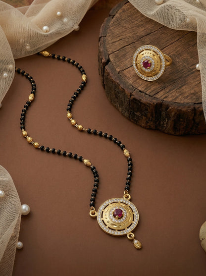Meira Jewellery Gold Plated Mangalsutra and Ring Combo Set for Women, Black Bead Chain with Stone Studded Pendant & Matching Ring, Traditional Jewellery with Modern Touch for Wedding, Festivals-01