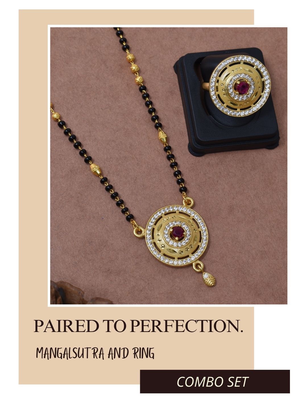 Meira Jewellery Gold Plated Mangalsutra and Ring Combo Set for Women, Black Bead Chain with Stone Studded Pendant & Matching Ring, Traditional Jewellery with Modern Touch for Wedding, Festivals-01