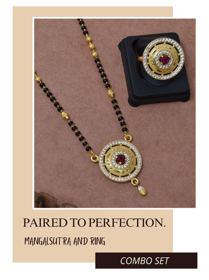 Meira Jewellery Gold Plated Mangalsutra and Ring Combo Set for Women, Black Bead Chain with Stone Studded Pendant & Matching Ring, Traditional Jewellery with Modern Touch for Wedding, Festivals-01