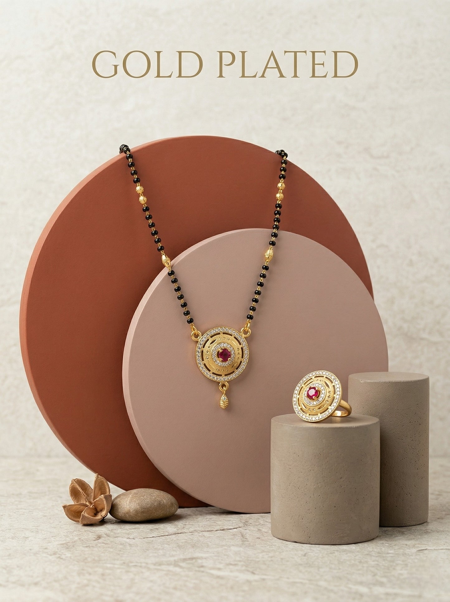 Meira Jewellery Gold Plated Mangalsutra and Ring Combo Set for Women, Black Bead Chain with Stone Studded Pendant & Matching Ring, Traditional Jewellery with Modern Touch for Wedding, Festivals-01