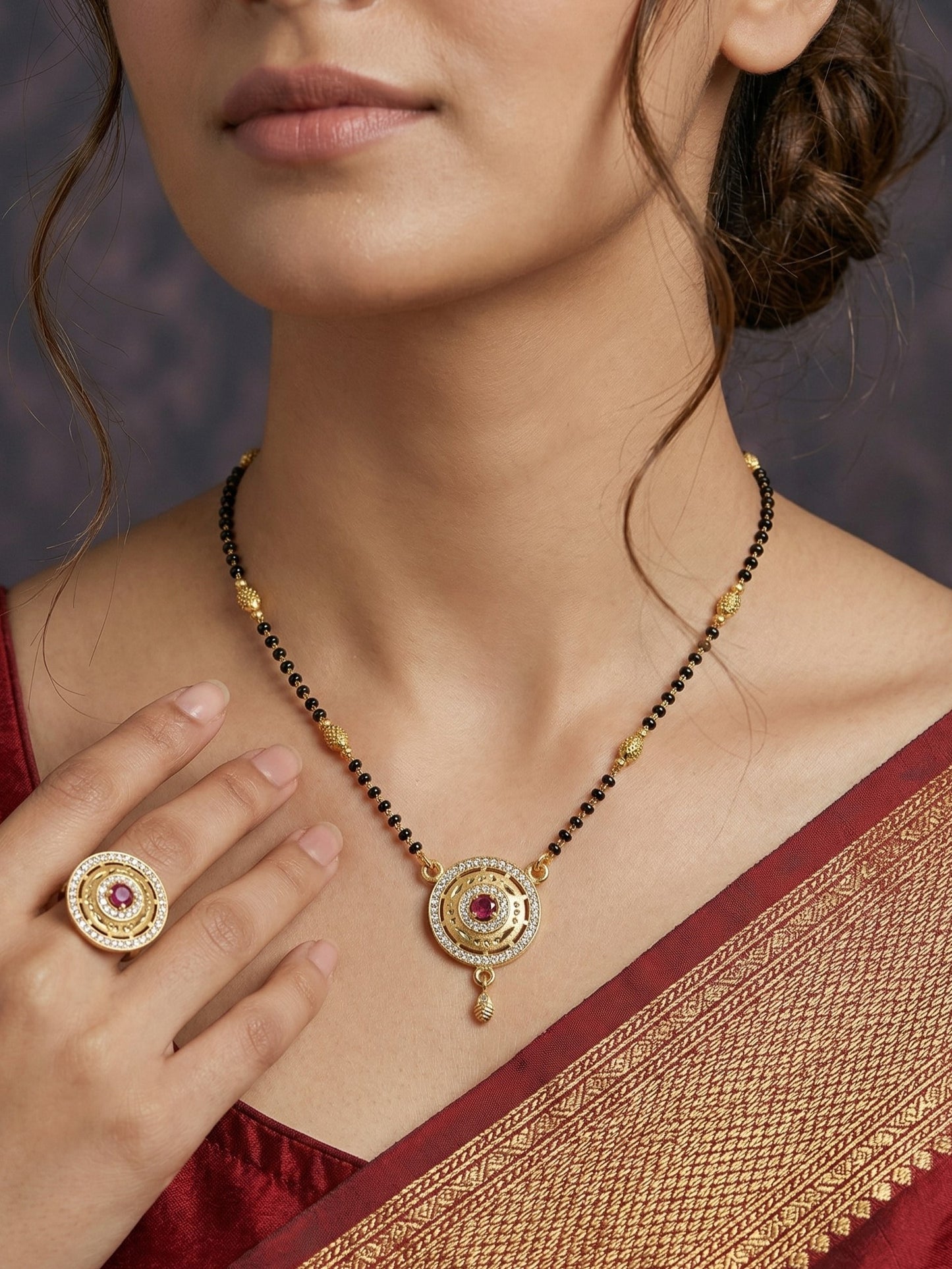 Meira Jewellery Gold Plated Mangalsutra and Ring Combo Set for Women, Black Bead Chain with Stone Studded Pendant & Matching Ring, Traditional Jewellery with Modern Touch for Wedding, Festivals-02