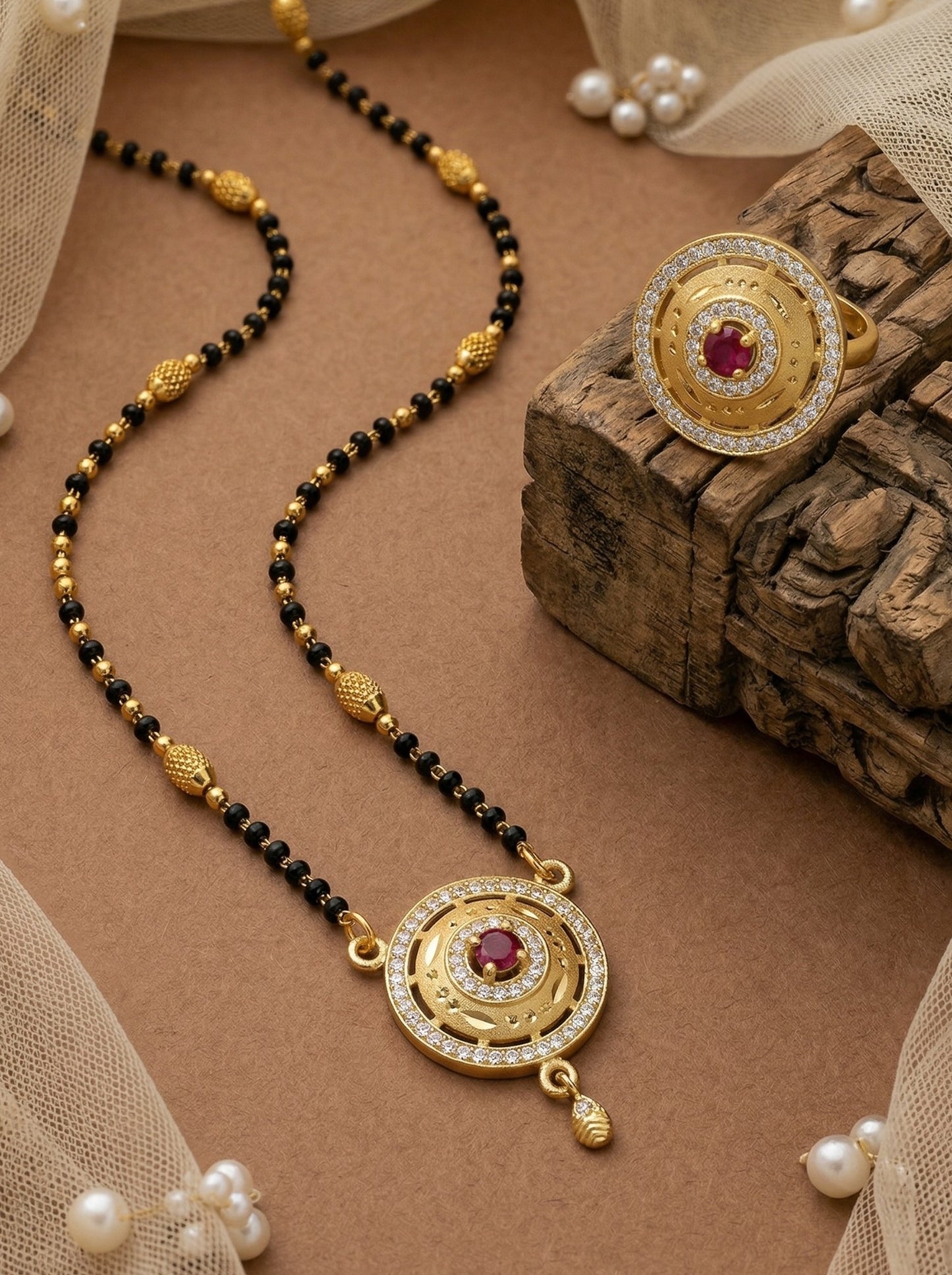 Meira Jewellery Gold Plated Mangalsutra and Ring Combo Set for Women, Black Bead Chain with Stone Studded Pendant & Matching Ring, Traditional Jewellery with Modern Touch for Wedding, Festivals-02