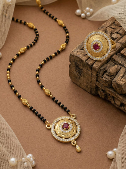 Meira Jewellery Gold Plated Mangalsutra and Ring Combo Set for Women, Black Bead Chain with Stone Studded Pendant & Matching Ring, Traditional Jewellery with Modern Touch for Wedding, Festivals-02