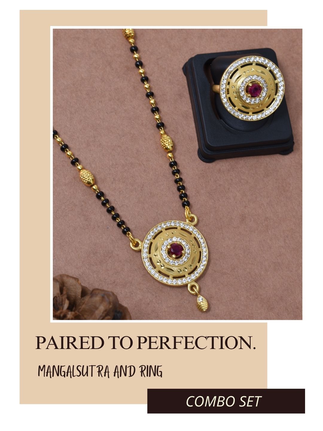 Meira Jewellery Gold Plated Mangalsutra and Ring Combo Set for Women, Black Bead Chain with Stone Studded Pendant & Matching Ring, Traditional Jewellery with Modern Touch for Wedding, Festivals-02