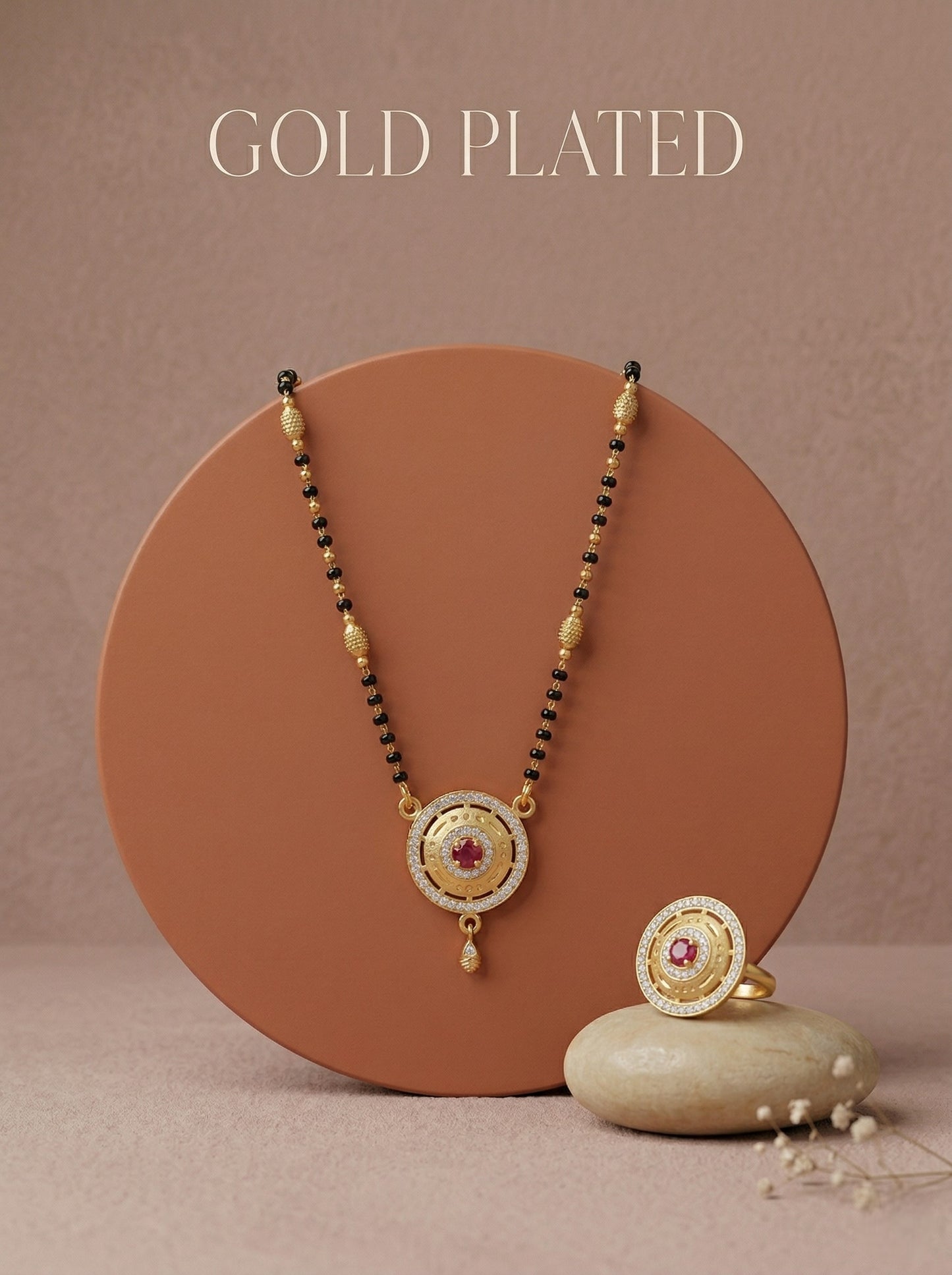 Meira Jewellery Gold Plated Mangalsutra and Ring Combo Set for Women, Black Bead Chain with Stone Studded Pendant & Matching Ring, Traditional Jewellery with Modern Touch for Wedding, Festivals-02