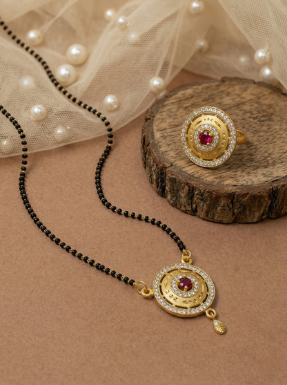 Meira Jewellery Gold Plated Mangalsutra and Ring Combo Set for Women, Black Bead Chain with Stone Studded Pendant & Matching Ring, Traditional Jewellery with Modern Touch for Wedding, Festivals-03