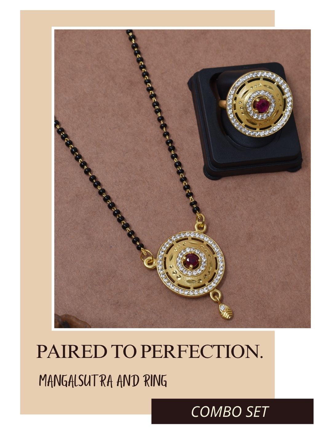 Meira Jewellery Gold Plated Mangalsutra and Ring Combo Set for Women, Black Bead Chain with Stone Studded Pendant & Matching Ring, Traditional Jewellery with Modern Touch for Wedding, Festivals-03