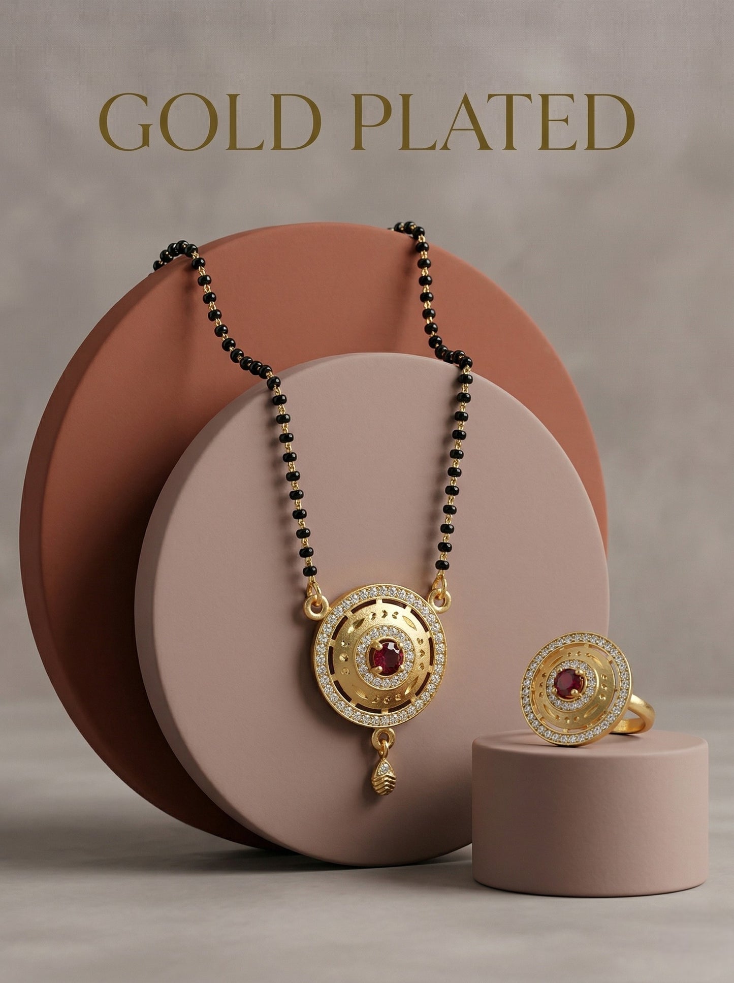 Meira Jewellery Gold Plated Mangalsutra and Ring Combo Set for Women, Black Bead Chain with Stone Studded Pendant & Matching Ring, Traditional Jewellery with Modern Touch for Wedding, Festivals-03