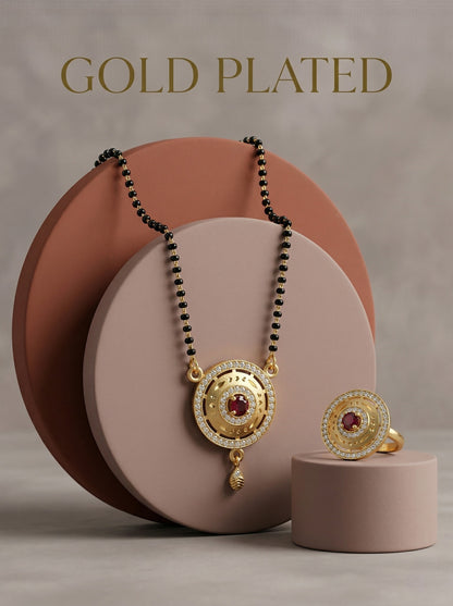 Meira Jewellery Gold Plated Mangalsutra and Ring Combo Set for Women, Black Bead Chain with Stone Studded Pendant & Matching Ring, Traditional Jewellery with Modern Touch for Wedding, Festivals-03