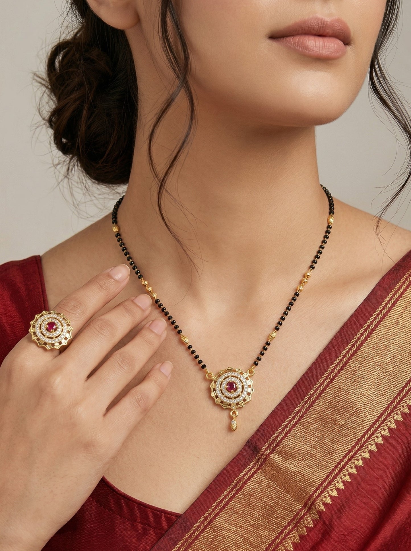 Meira Jewellery Gold Plated Mangalsutra and Ring Combo Set for Women, Black Bead Chain with Stone Studded Pendant & Matching Ring, Traditional Jewellery with Modern Touch for Wedding, Festivals-04