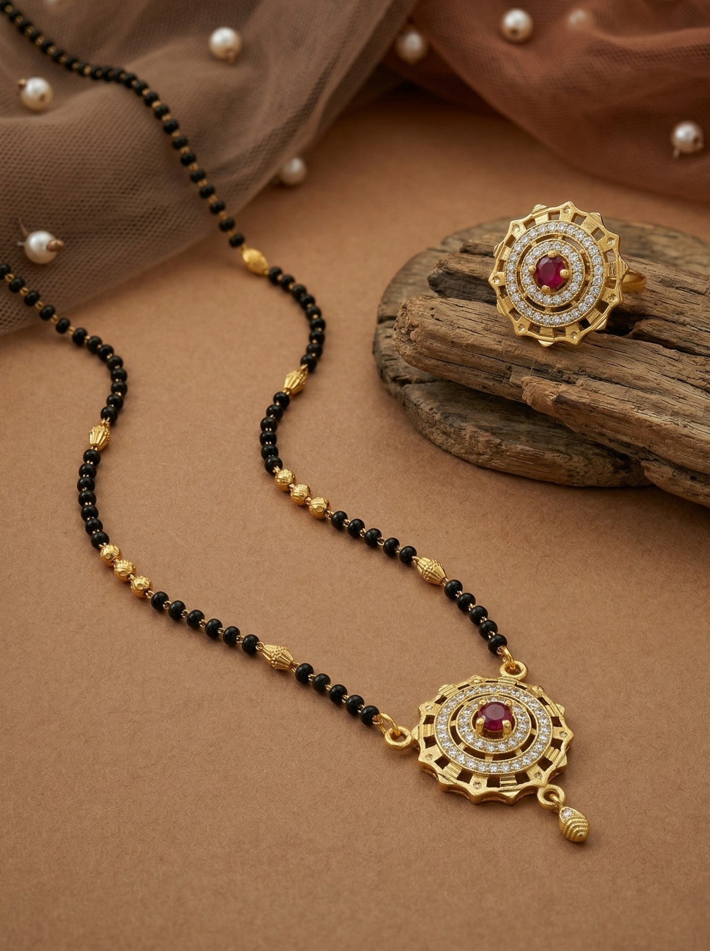 Meira Jewellery Gold Plated Mangalsutra and Ring Combo Set for Women, Black Bead Chain with Stone Studded Pendant & Matching Ring, Traditional Jewellery with Modern Touch for Wedding, Festivals-04