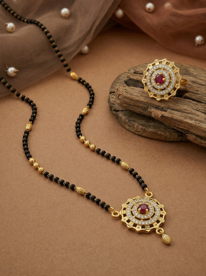 Meira Jewellery Gold Plated Mangalsutra and Ring Combo Set for Women, Black Bead Chain with Stone Studded Pendant & Matching Ring, Traditional Jewellery with Modern Touch for Wedding, Festivals-04