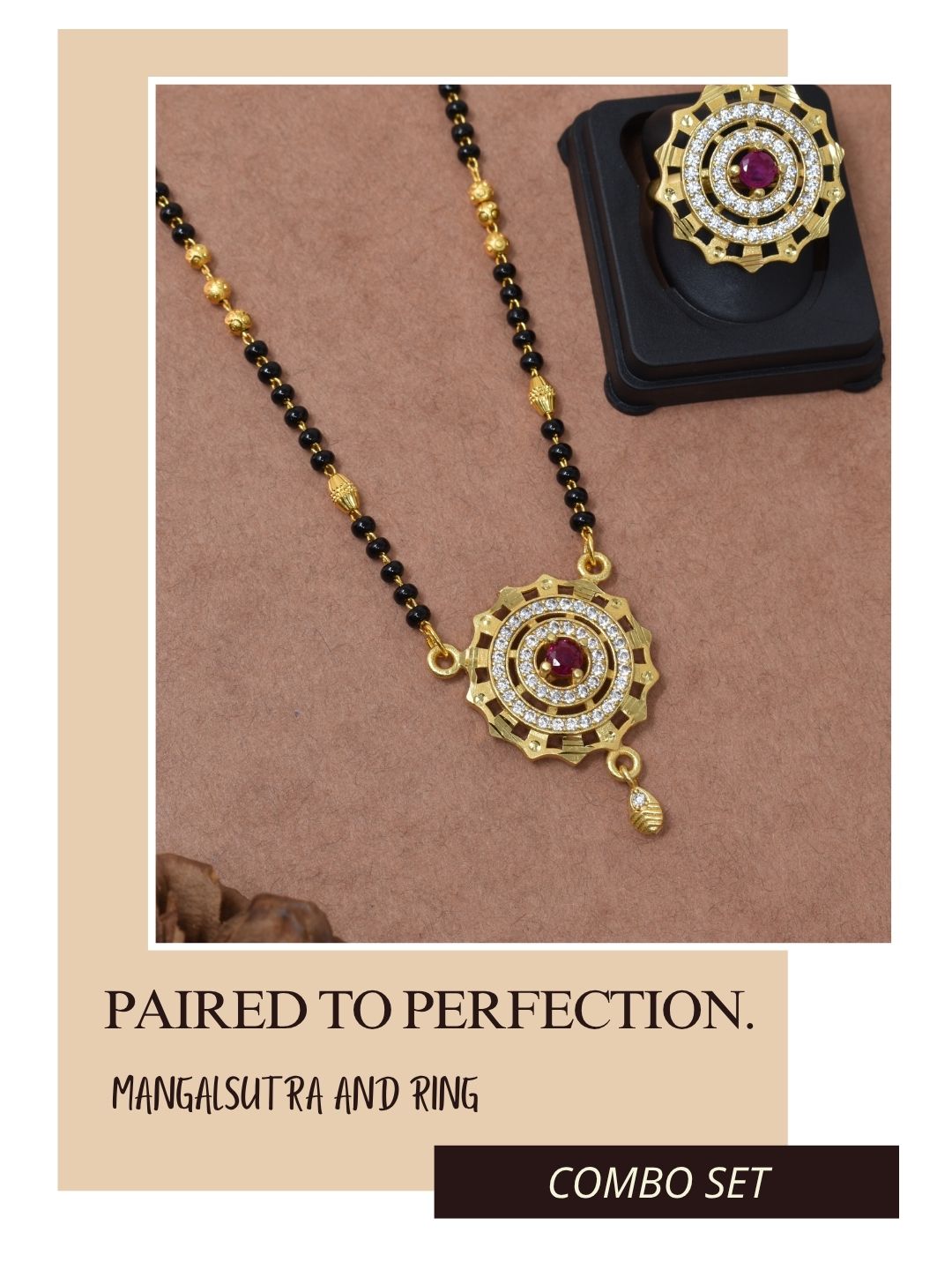 Meira Jewellery Gold Plated Mangalsutra and Ring Combo Set for Women, Black Bead Chain with Stone Studded Pendant & Matching Ring, Traditional Jewellery with Modern Touch for Wedding, Festivals-04