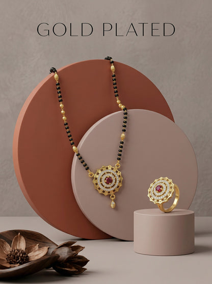 Meira Jewellery Gold Plated Mangalsutra and Ring Combo Set for Women, Black Bead Chain with Stone Studded Pendant & Matching Ring, Traditional Jewellery with Modern Touch for Wedding, Festivals-04