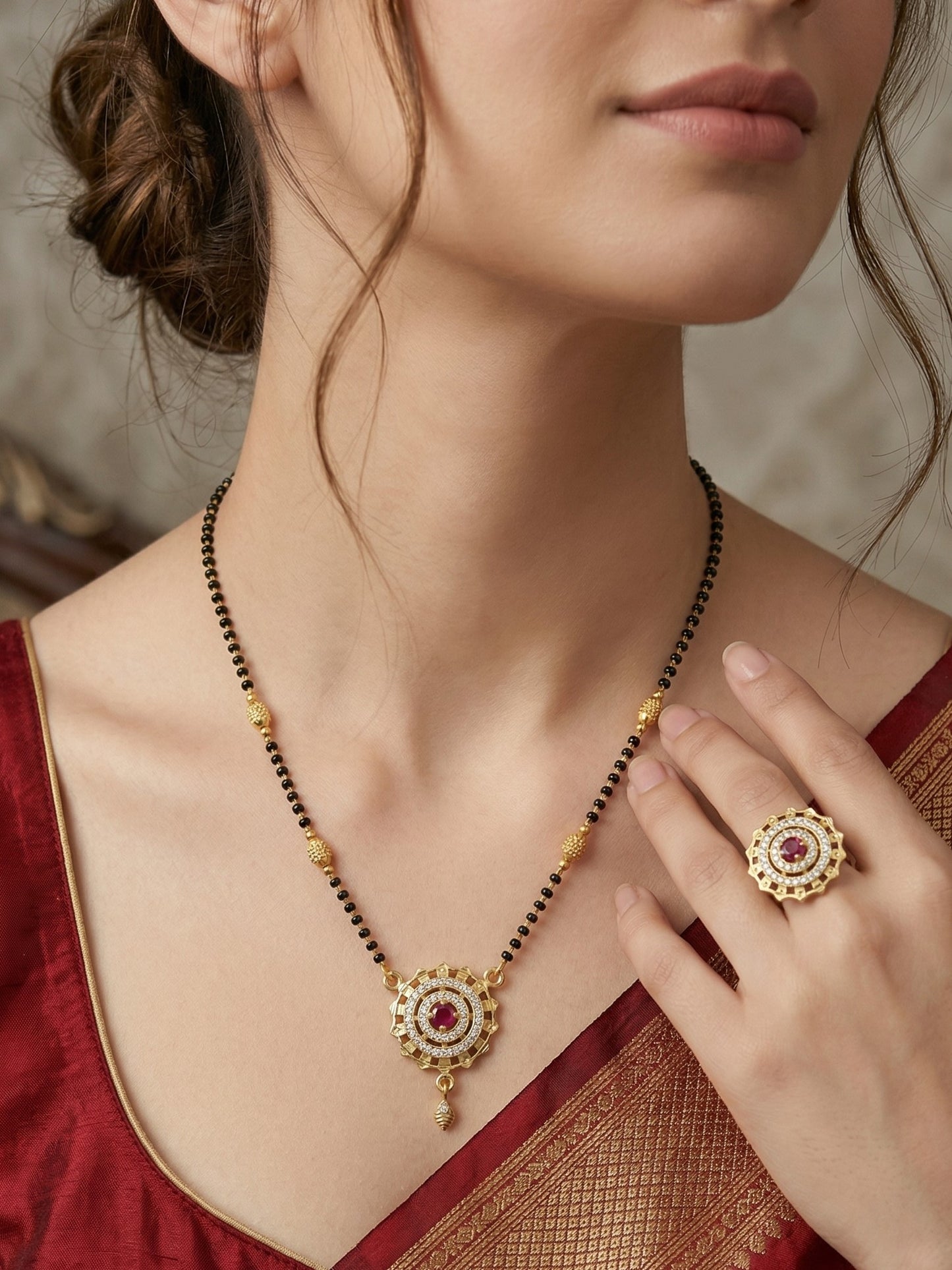 Meira Jewellery Gold Plated Mangalsutra and Ring Combo Set for Women, Black Bead Chain with Stone Studded Pendant & Matching Ring, Traditional Jewellery with Modern Touch for Wedding, Festivals-05