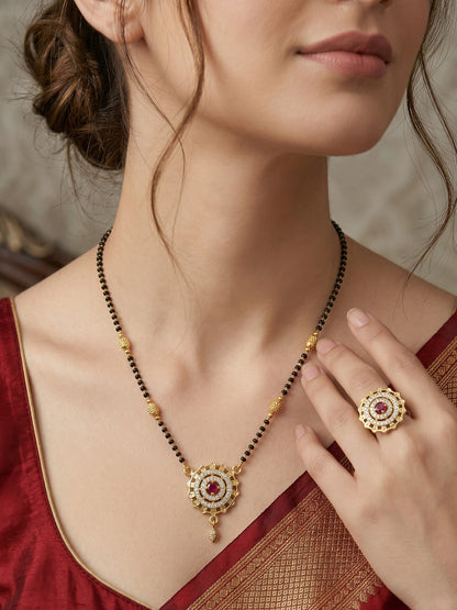 Meira Jewellery Gold Plated Mangalsutra and Ring Combo Set for Women, Black Bead Chain with Stone Studded Pendant & Matching Ring, Traditional Jewellery with Modern Touch for Wedding, Festivals-05