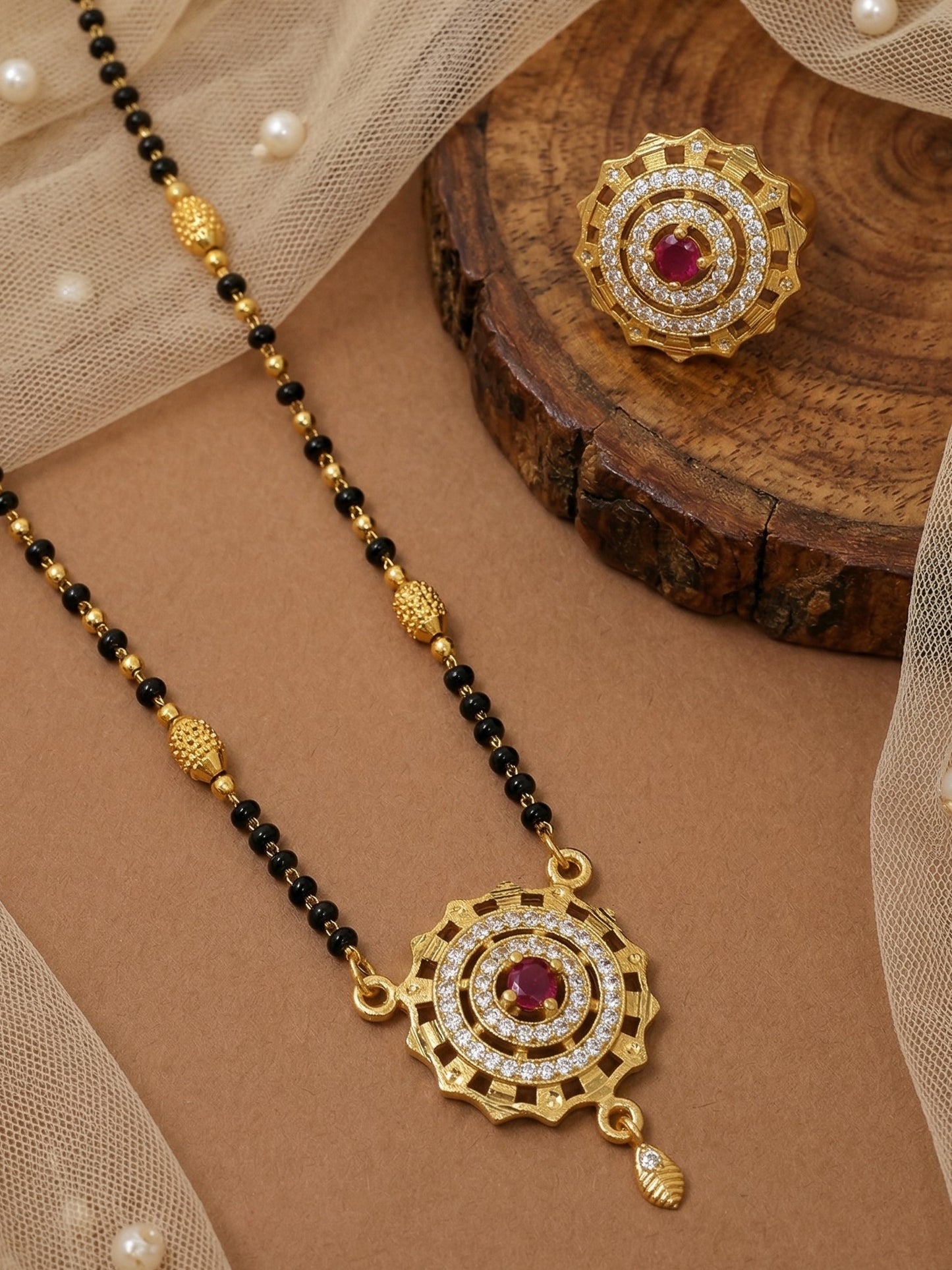Meira Jewellery Gold Plated Mangalsutra and Ring Combo Set for Women, Black Bead Chain with Stone Studded Pendant & Matching Ring, Traditional Jewellery with Modern Touch for Wedding, Festivals-05