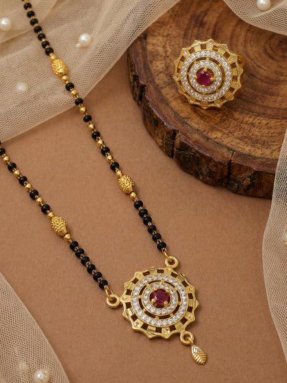 Meira Jewellery Gold Plated Mangalsutra and Ring Combo Set for Women, Black Bead Chain with Stone Studded Pendant & Matching Ring, Traditional Jewellery with Modern Touch for Wedding, Festivals-05