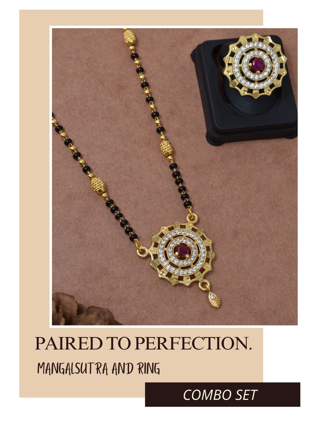 Meira Jewellery Gold Plated Mangalsutra and Ring Combo Set for Women, Black Bead Chain with Stone Studded Pendant & Matching Ring, Traditional Jewellery with Modern Touch for Wedding, Festivals-05