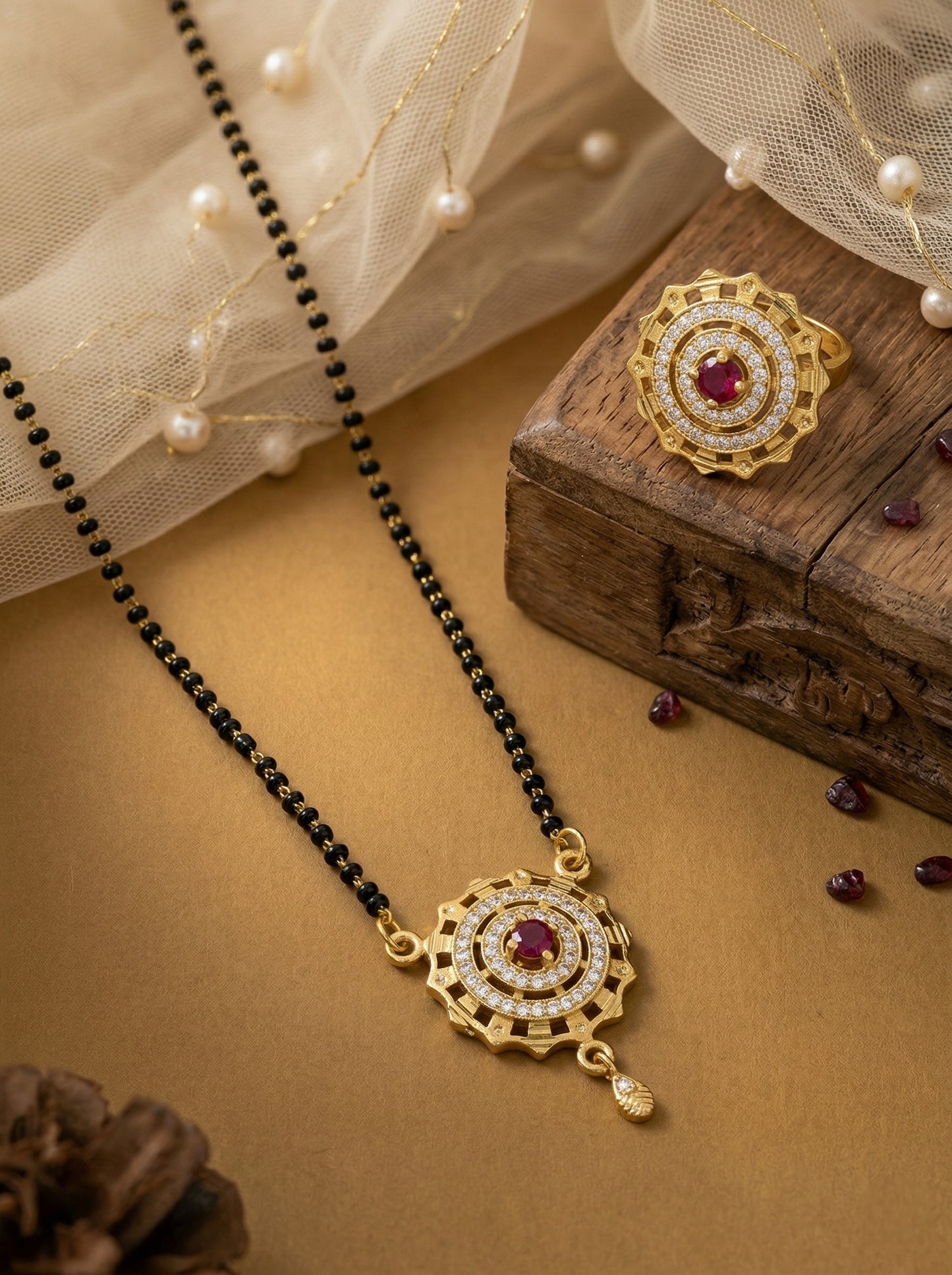 Meira Jewellery Gold Plated Mangalsutra and Ring Combo Set for Women, Black Bead Chain with Stone Studded Pendant & Matching Ring, Traditional Jewellery with Modern Touch for Wedding, Festivals-06
