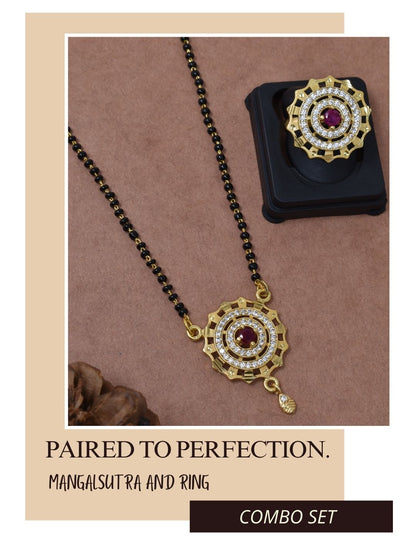 Meira Jewellery Gold Plated Mangalsutra and Ring Combo Set for Women, Black Bead Chain with Stone Studded Pendant & Matching Ring, Traditional Jewellery with Modern Touch for Wedding, Festivals-06