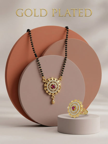 Meira Jewellery Gold Plated Mangalsutra and Ring Combo Set for Women, Black Bead Chain with Stone Studded Pendant & Matching Ring, Traditional Jewellery with Modern Touch for Wedding, Festivals-06
