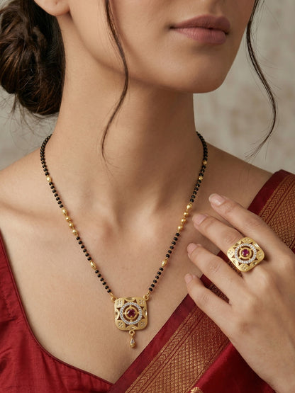 Meira Jewellery Gold Plated Mangalsutra and Ring Combo Set for Women, Black Bead Chain with Stone Studded Pendant & Matching Ring, Traditional Jewellery with Modern Touch for Wedding, Festivals-07